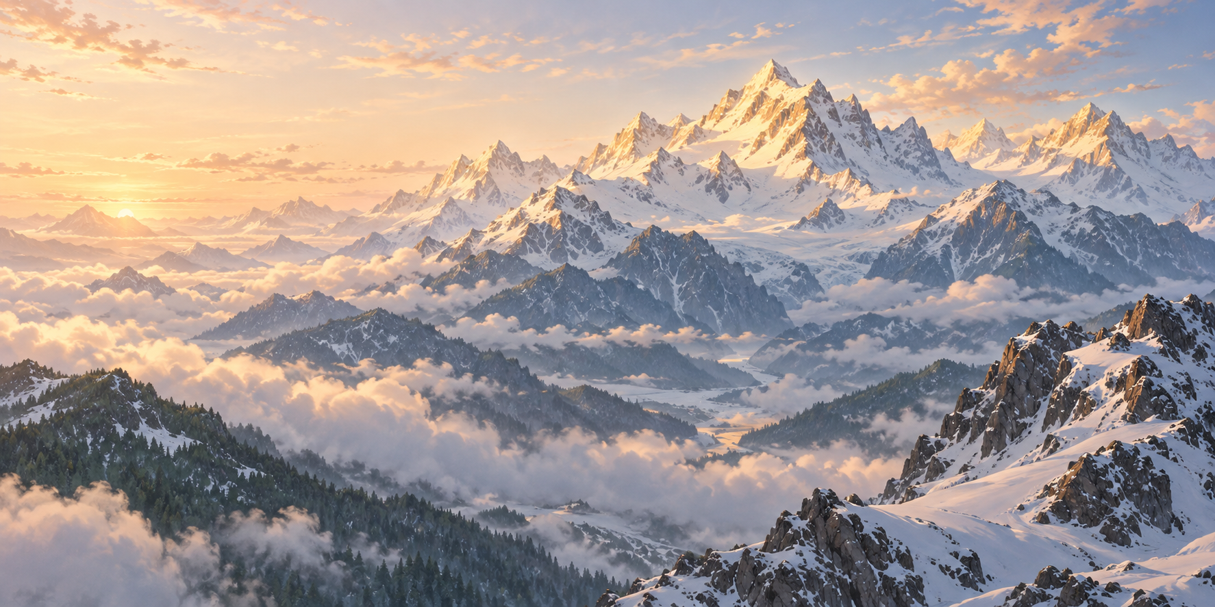 An anime-style illustration of golden sunrise on snow-covered mountain peaks.